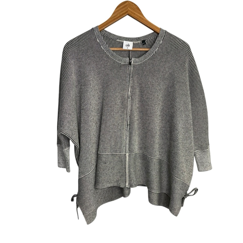 CAbi Womens Cardigan Sweater Medium Black White Striped Zip Boxy Oversized 3526